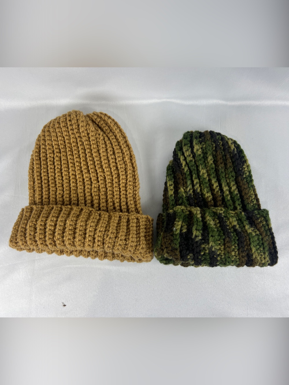 Kids Knit Beanie Duo - Camel and Green Camo Handmade